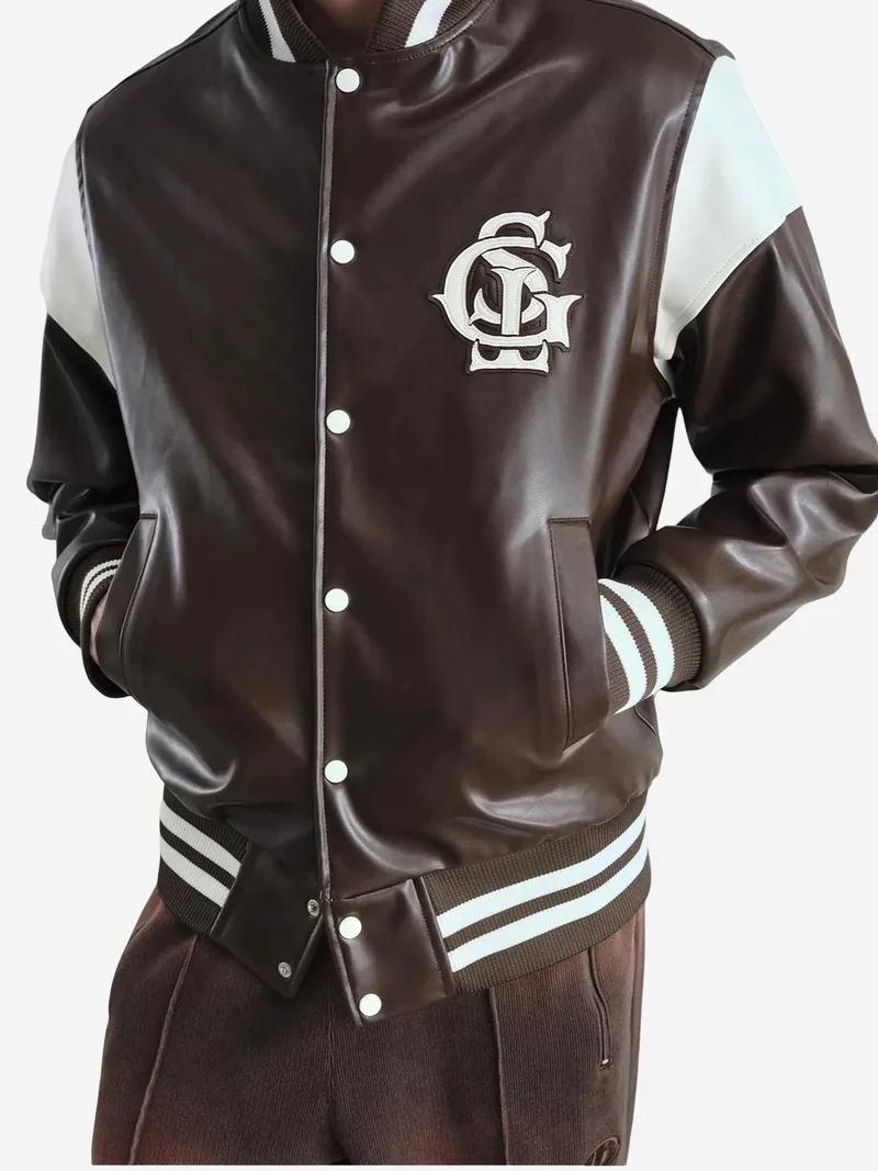 Giesto Mocha Brown GIESTO Faux Leather Embroidered Zip-Up Jacket for Men | Best Price UAE